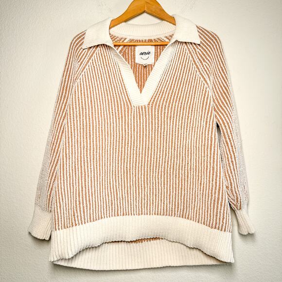 Aerie Striped Knit Collared Sweater Oversized Pullover Tan Long Sleeve Small - Picture 3 of 11